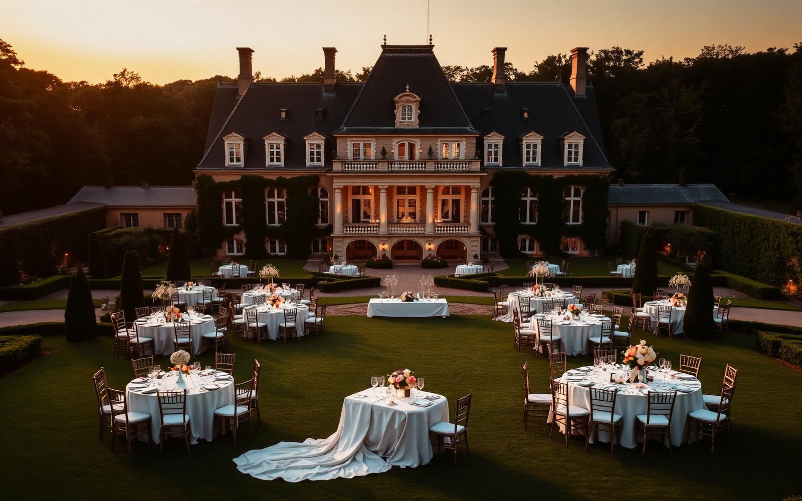 Château français et réception de mariage dressée sur la pelouse
