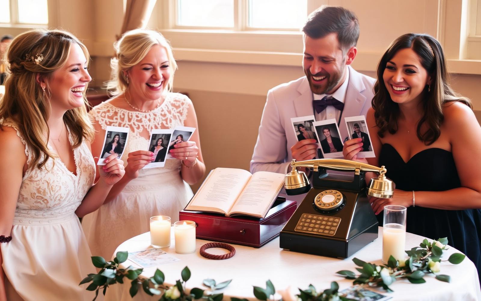 Invités riant en découvrant leurs tirages photo lors d'un mariage